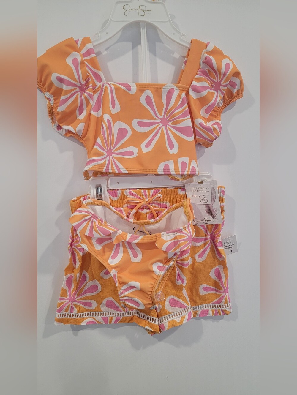 Jessica Simpson Orange and Pink Floral Girls Swim Set